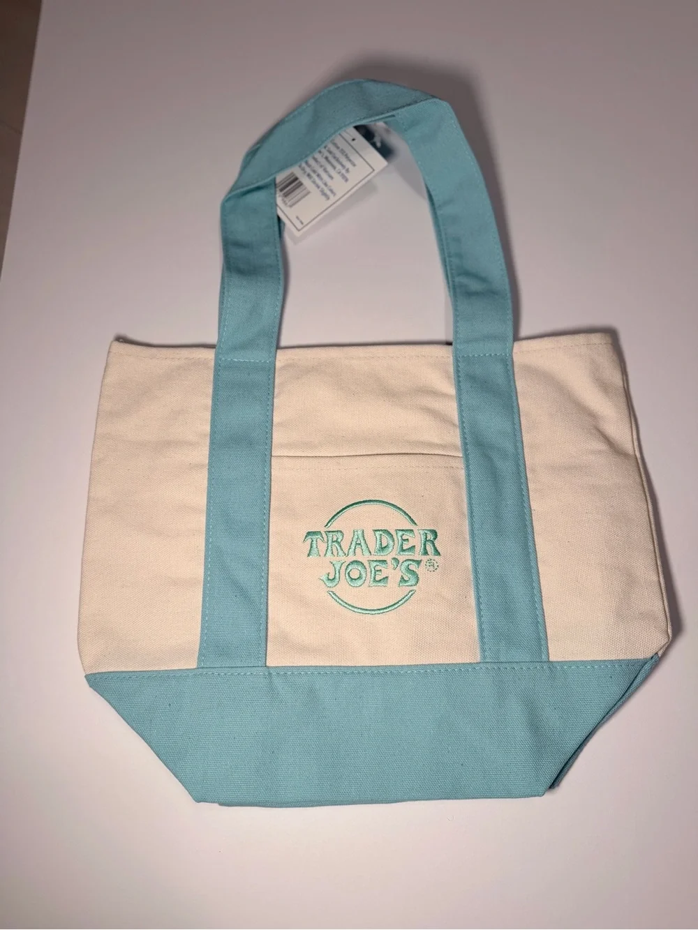 Trader Joe's Mini Pastel Canvas Tote Bag Light Blue Cream‎ Embroidered Logo NWT